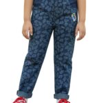 Pranava Girls Organic Cotton Denim Full Length Leaf All Over Print & Bird Print Patch Pant - Blue