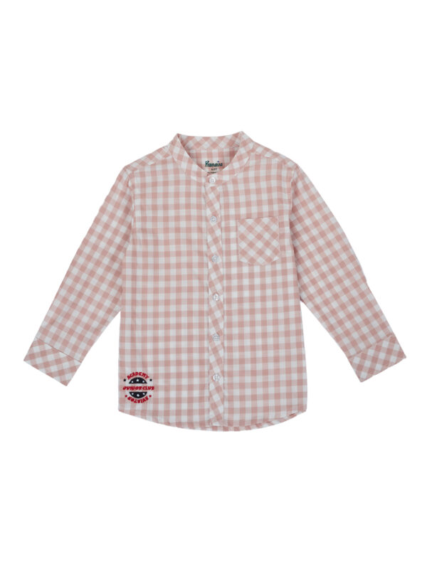 Pranava Boys Organic Cotton Poplin Full Sleeves Embroidered Gingham Check Shirt - Rose Pink - Image 3