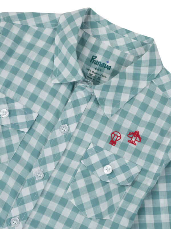 Pranava Boys Organic Cotton Poplin Full Sleeves Embroidered Gingham Check Shirt - Green - Image 5