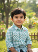 Pranava Boys Organic Cotton Poplin Full Sleeves Embroidered Gingham Check Shirt - Green