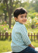 Pranava Boys Organic Cotton Poplin Full Sleeves Embroidered Gingham Check Shirt - Green - Image 2