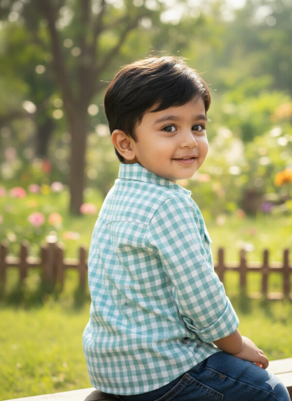 Pranava Boys Organic Cotton Poplin Full Sleeves Embroidered Gingham Check Shirt - Green - Image 2