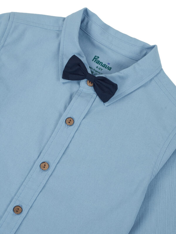 Pranava Boys Organic Cotton Poplin Full Sleeves Shirt With Bowtie - Tide Blue - Image 4