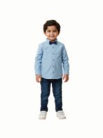 Pranava Boys Organic Cotton Poplin Full Sleeves Shirt With Bowtie - Tide Blue - Image 5