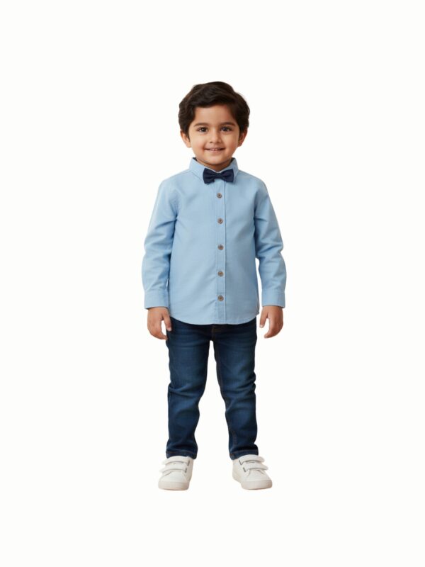 Pranava Boys Organic Cotton Poplin Full Sleeves Shirt With Bowtie - Tide Blue - Image 5