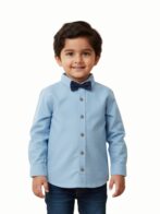 Pranava Boys Organic Cotton Poplin Full Sleeves Shirt With Bowtie - Tide Blue