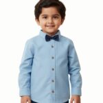 Pranava Boys Organic Cotton Poplin Full Sleeves Shirt With Bowtie - Tide Blue