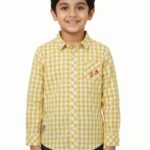 Pranava Boys Organic Cotton Poplin Full Sleeves Embroidery On The Pocket Checkered Shirt - Yellow