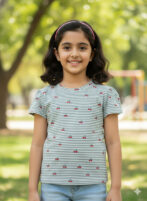 Pranava Girls Organic Cotton Single Jersey Half Sleeves Cherry All Over Print Top - Green