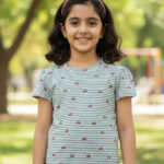 Pranava Girls Organic Cotton Single Jersey Half Sleeves Cherry All Over Print Top - Green