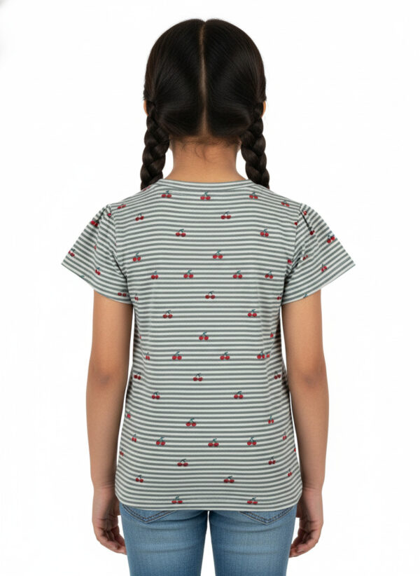 Pranava Girls Organic Cotton Single Jersey Half Sleeves Cherry All Over Print Top - Green - Image 2