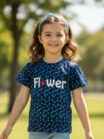 Pranava Girls Organic Cotton Single Jersey Half Sleeves Flower All Over Print Top - Navy Blue