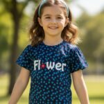 Pranava Girls Organic Cotton Single Jersey Half Sleeves Flower All Over Print Top - Navy Blue