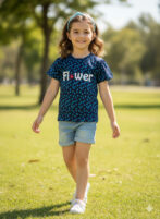 Pranava Girls Organic Cotton Single Jersey Half Sleeves Flower All Over Print Top - Navy Blue - Image 2