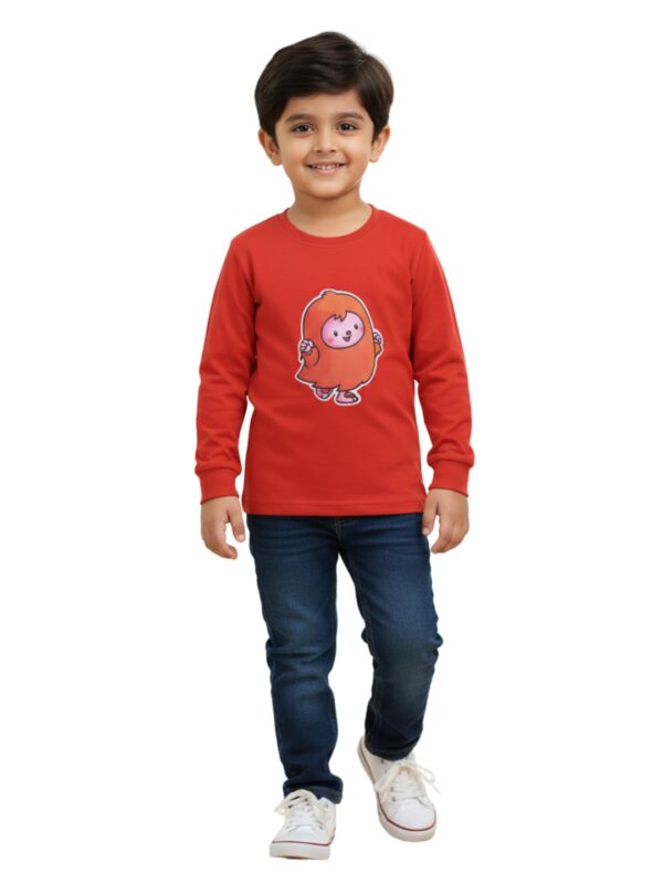 Pranava Boys Organic Cotton Interlock Full Sleeves Applique Print T-Shirt - Orange - Image 5