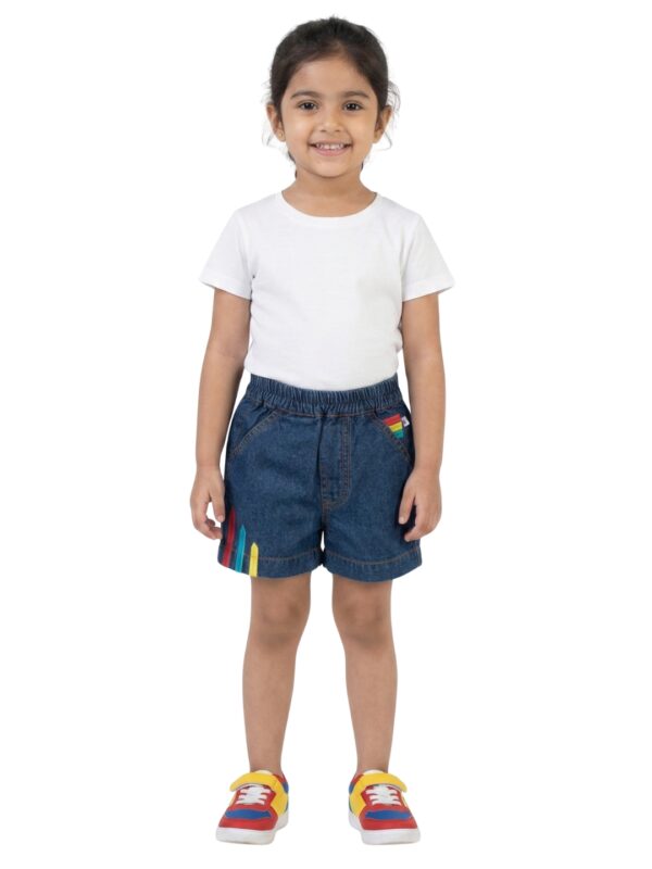 Girls Organic Cotton Denim Three-Color Embroidered Shorts - Blue - Image 5