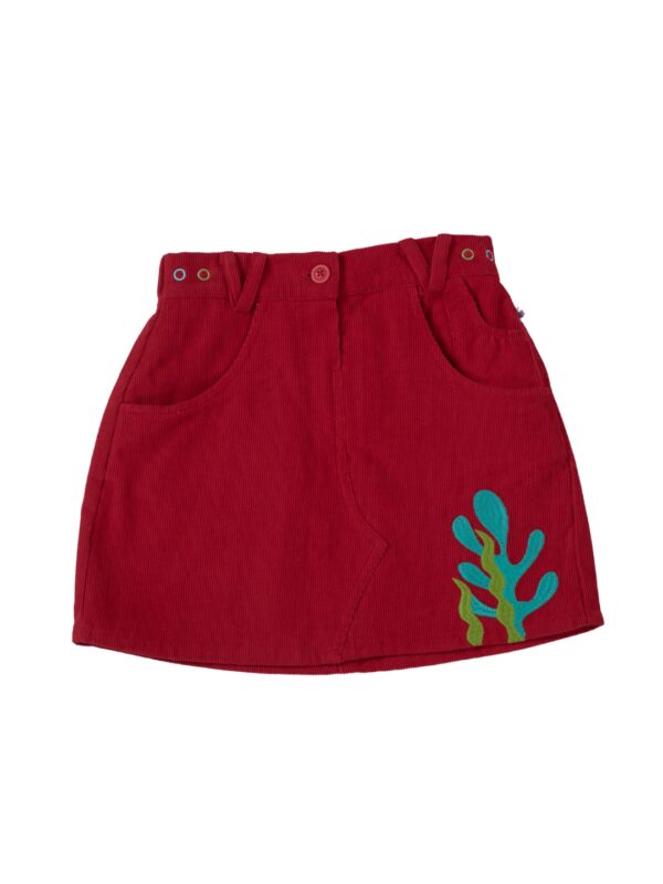 Girls Organic Cotton Corduroy Seaplant Embroidered Skirt - Red - Image 2