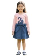 Girls Organic Cotton Knits & Denim Full Sleeve Swan Glitter Printed Frock - Pink & Blue