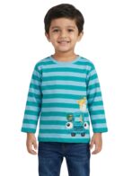 Boys Organic Cotton Knits Full Sleeve Giraffe With Car Applique Stripe T-Shirt - Teal & Light Blue