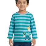 Boys Organic Cotton Knits Full Sleeve Giraffe With Car Applique Stripe T-Shirt - Teal & Light Blue