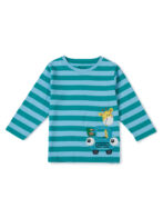 Boys Organic Cotton Knits Full Sleeve Giraffe With Car Applique Stripe T-Shirt - Teal & Light Blue - Image 2