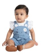 Girls Organic Cotton Knits Sleeveless With Frill Polka Dot Top With Cute Bunny Face Dungaree - Blue & White