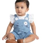 Girls Organic Cotton Knits Sleeveless With Frill Polka Dot Top With Cute Bunny Face Dungaree - Blue & White