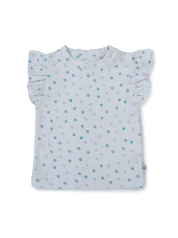 Girls Organic Cotton Knits Sleeveless With Frill Polka Dot Top With Cute Bunny Face Dungaree - Blue & White - Image 3