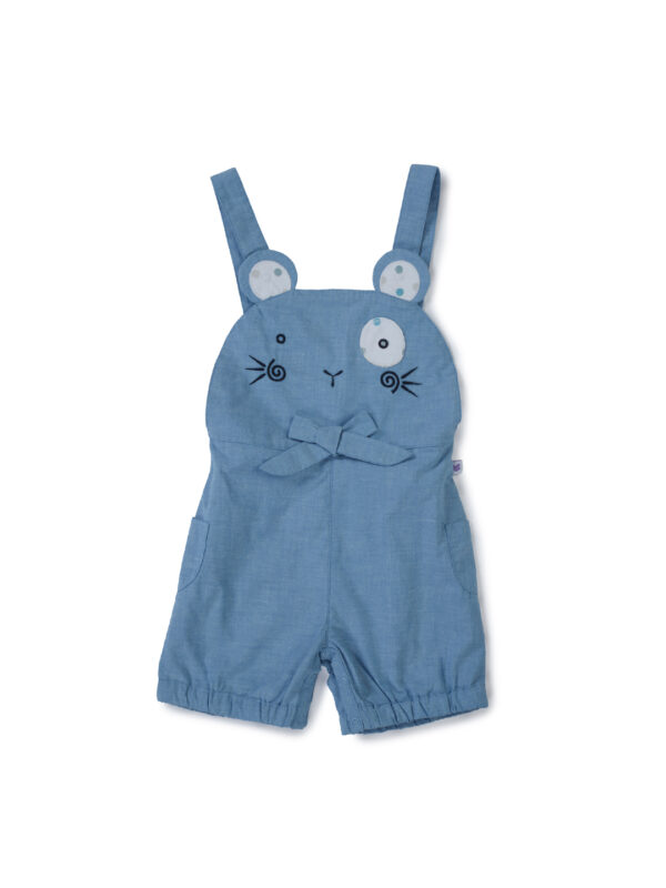 Girls Organic Cotton Knits Sleeveless With Frill Polka Dot Top With Cute Bunny Face Dungaree - Blue & White - Image 9
