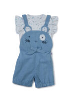 Girls Organic Cotton Knits Sleeveless With Frill Polka Dot Top With Cute Bunny Face Dungaree - Blue & White - Image 4
