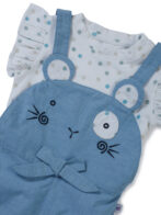 Girls Organic Cotton Knits Sleeveless With Frill Polka Dot Top With Cute Bunny Face Dungaree - Blue & White - Image 5
