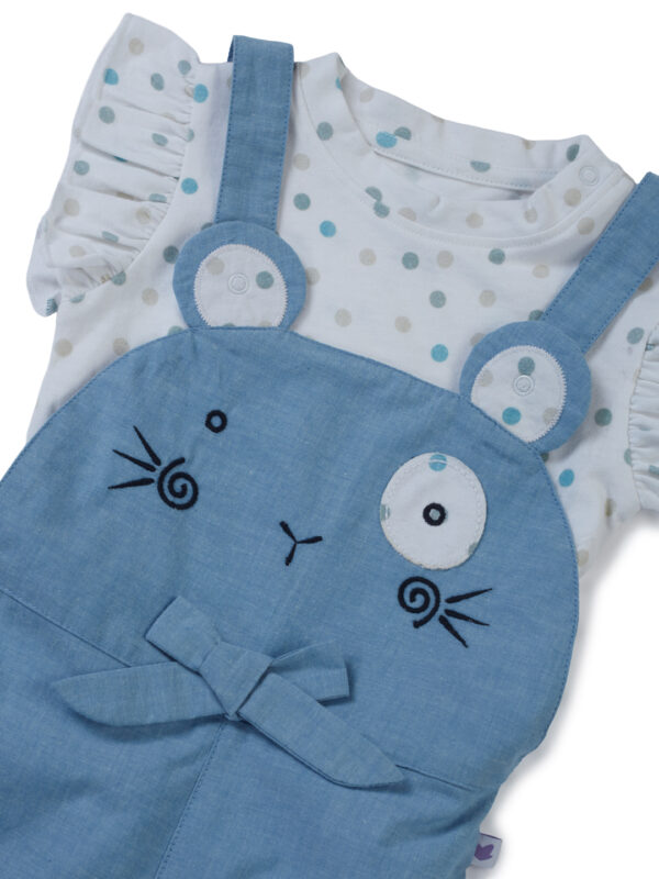 Girls Organic Cotton Knits Sleeveless With Frill Polka Dot Top With Cute Bunny Face Dungaree - Blue & White - Image 5