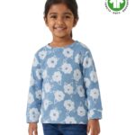 Girls Organic Cotton Fleece Full Sleeve All-Over Floral & Bunny Printed Top - Blue