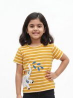 Girls Organic Cotton Interlock Short Sleeve Stripe & Elephant Print Top - Gold