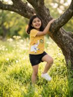 Girls Organic Cotton Interlock Short Sleeve Stripe & Elephant Print Top - Gold - Image 3