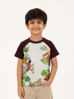 Boys Organic Cotton Single Jersey Short Sleeve Leafs And Bird Chest Print T-Shirt - White