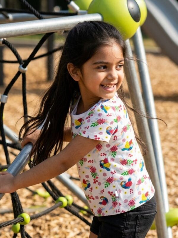 Girls Organic Cotton Single Jersey Short Sleeve Bird All Over Print & Wings 3D Applique Top - White - Image 3