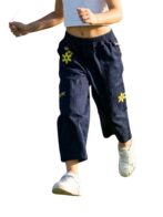 Girls Organic Cotton Heavy Weight Twill Ankle Length Flowers  Embroidered Pant - Navy