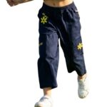 Girls Organic Cotton Heavy Weight Twill Ankle Length Flowers  Embroidered Pant - Navy