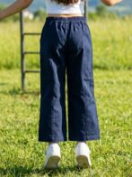 Girls Organic Cotton Heavy Weight Twill Ankle Length Flowers  Embroidered Pant - Navy - Image 2