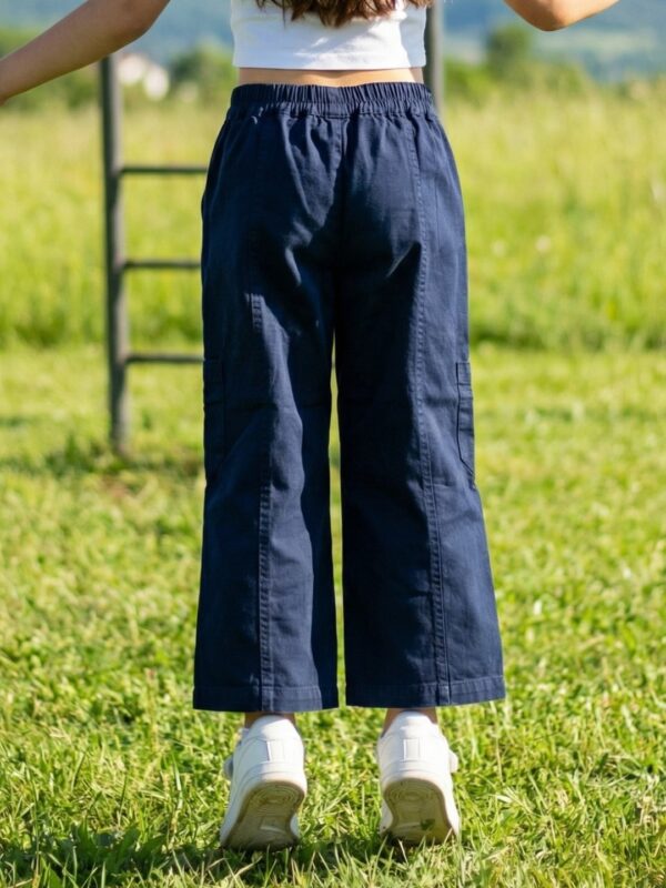 Girls Organic Cotton Heavy Weight Twill Ankle Length Flowers  Embroidered Pant - Navy - Image 2