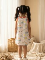 Girls Organic Cotton Single Jersey Sleeveless Rainbow All Over Print Dress - White - Image 2