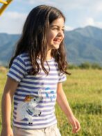 Girls Organic Cotton Interlock Short Sleeve Stripe & Elephant Print Top - Gold - Image 3
