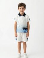 Boys Organic Cotton Pique Short Sleeve Chest Print & Embroidered Polo T-Shirt & Shorts Set - White