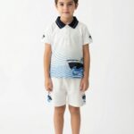 Boys Organic Cotton Pique Short Sleeve Chest Print & Embroidered Polo T-Shirt & Shorts Set - White