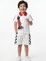 Boys Organic Cotton Pique Short Sleeve Chest Print & Embroidered Polo T-Shirt & Shorts Set - White
