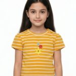 Girls Organic Cotton Interlock Short Sleeve Flowers Applique Top - Yellow
