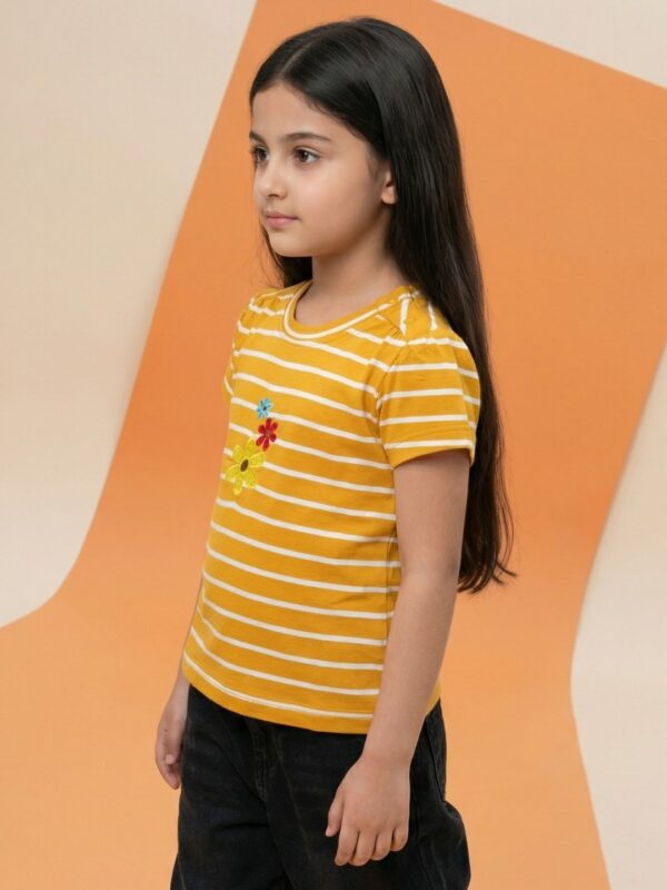 Girls Organic Cotton Interlock Short Sleeve Flowers Applique Top - Yellow - Image 3