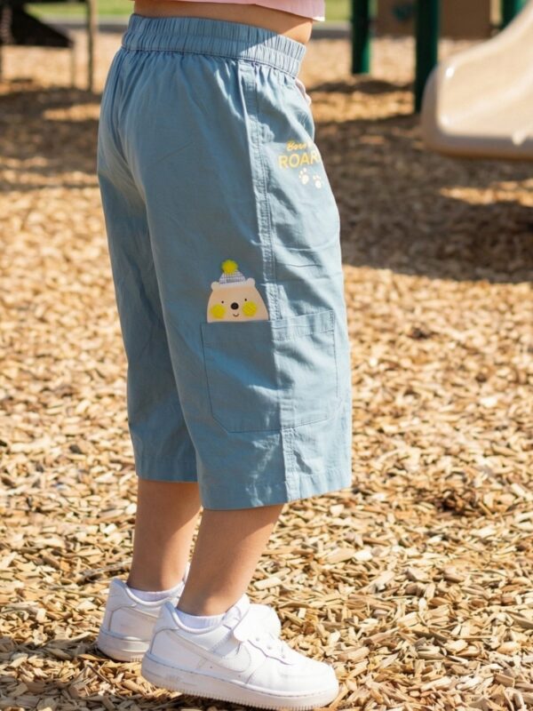 Girls Organic Cotton Poplin Ankle Length Teddy & Text Print Pant - Blue - Image 3
