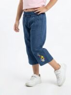 Girls Organic Cotton Poplin Modal Ankle Length Flowers Embroidered & Applique Pant - Blue